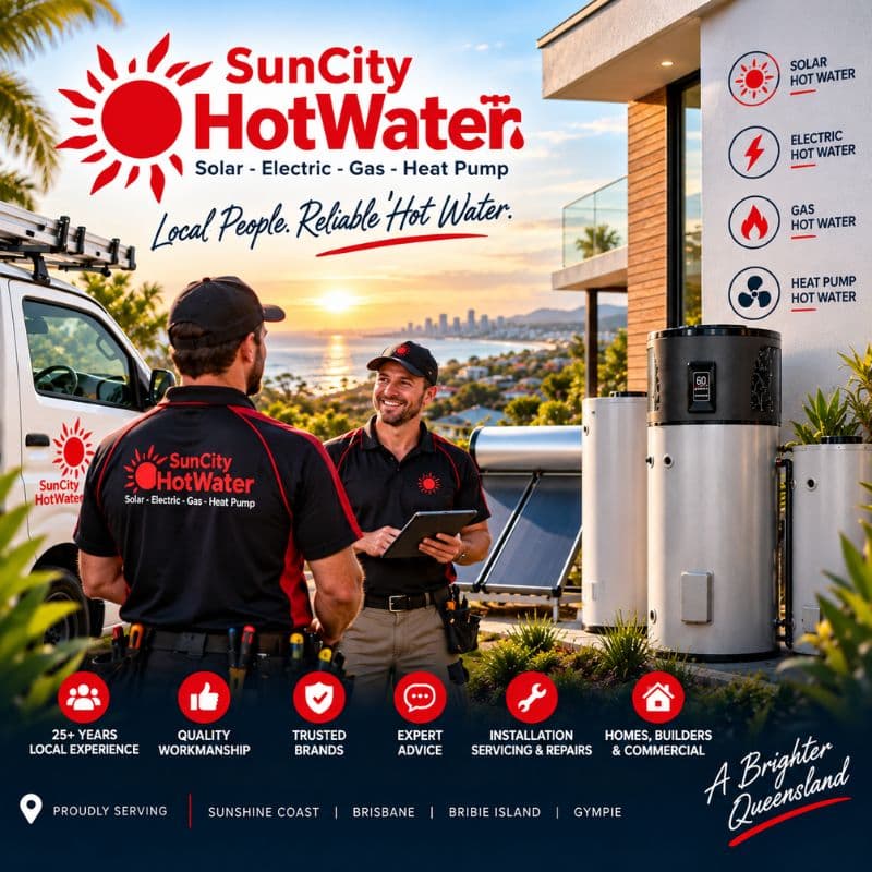 The SunCity Hot Water team and warehouse on the Sunshine Coast