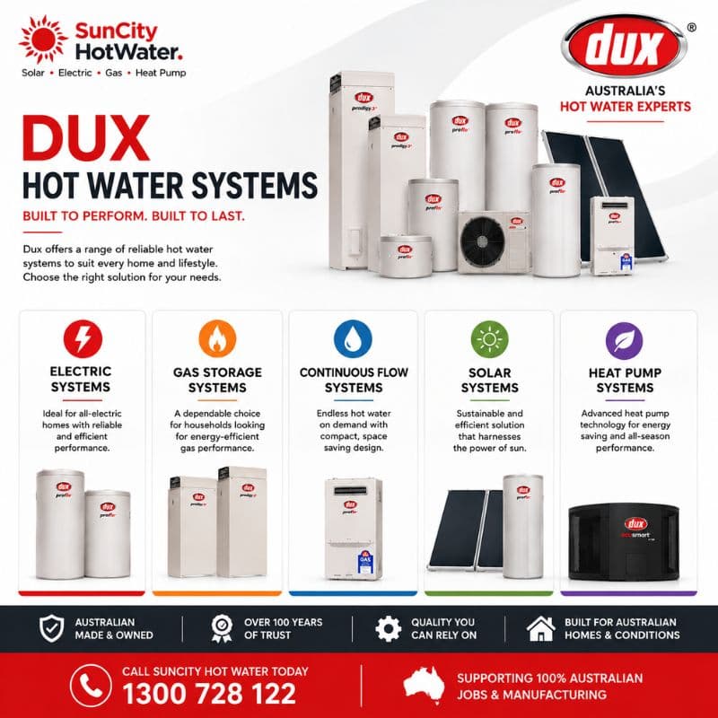 Dux hot water system warranty — supplied and installed across the Sunshine Coast & Brisbane