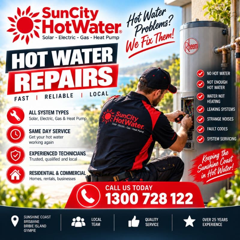 SunCity technician repairing a hot water system across the Sunshine Coast, Brisbane and Gympie