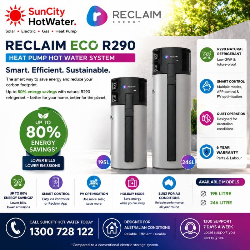 Reclaim Eco R290 heat pump hot water systems supplied and installed across Brisbane & the Sunshine Coast