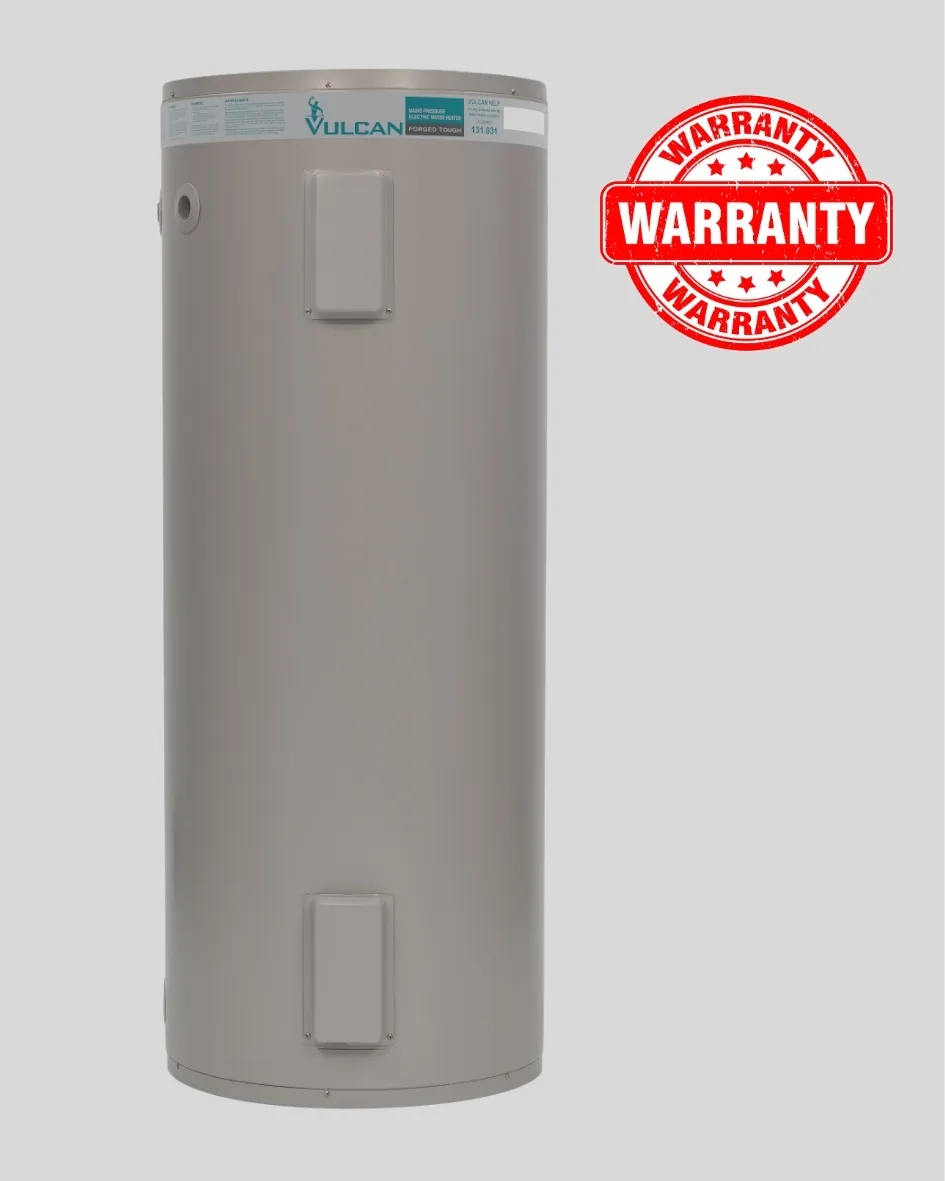Vulcan 315L electric water heater with a red warranty badge