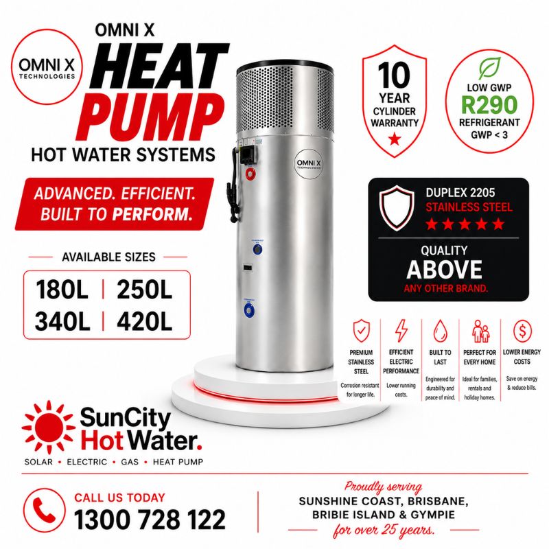 OMNI X heat pump hot water systems installed across the Sunshine Coast and Brisbane